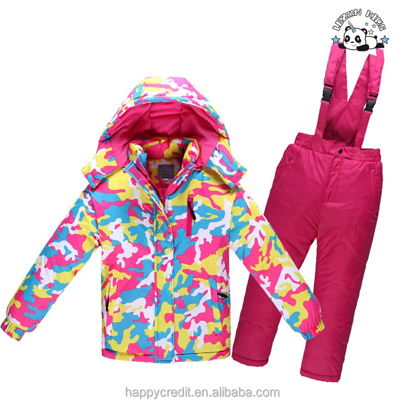 LEZONKIDS - Conjunto de Esqui Infantil Camuflado de Jaqueta e Calças Impermeáveis e Aquecidas para Meninas